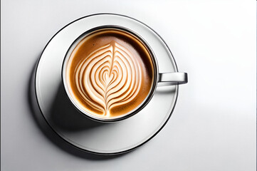 flat white coffee with latte art in a white cup and saucer on a white table