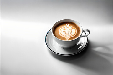flat white coffee with latte art in a white cup and saucer on a white table