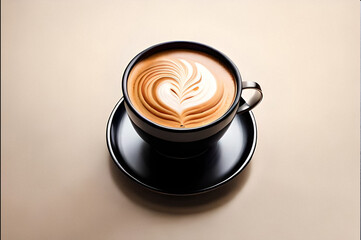 flat white coffee with latte art in a black cup and saucer on a light brown table