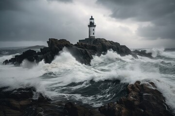 Naklejka na ściany i meble abandoned lighthouse, with waves crashing against the rocks below, in stormy weather, created with generative ai