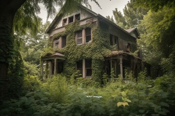 Fototapeta na wymiar abandoned house, with the windows and doors boarded up, surrounded by overgrown foliage, created with generative ai