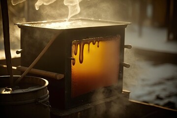 close-up of maple sap evaporator, showing the boiling sap and steam, created with generative ai - obrazy, fototapety, plakaty