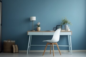 Stylish Blue Room Office Setup, Desk with Supplies and Wall Copy Space for a Minimalistic Workspace. Modern Blue Room Office Design. 
