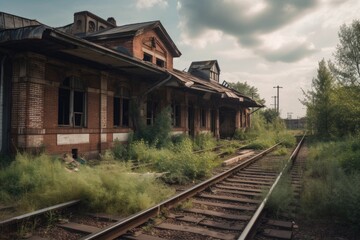 Fototapeta na wymiar abandoned railway station, with old train cars and tracks left behind, created with generative ai