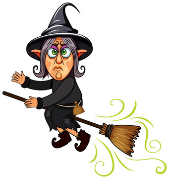 A grumpy witch cartoon character riding broom