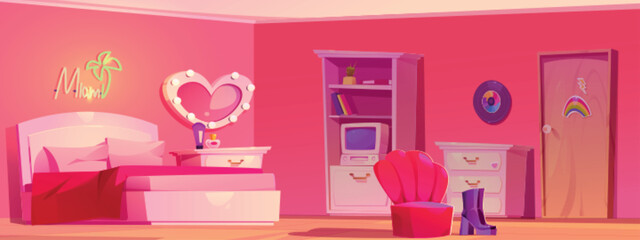 Retro girl bedroom interior with furniture. Vector cartoon illustration of pink room with pillows and blanket on bed, neon lamp on wall, vintage computer, cosmetics on table, armchair. Y2k home