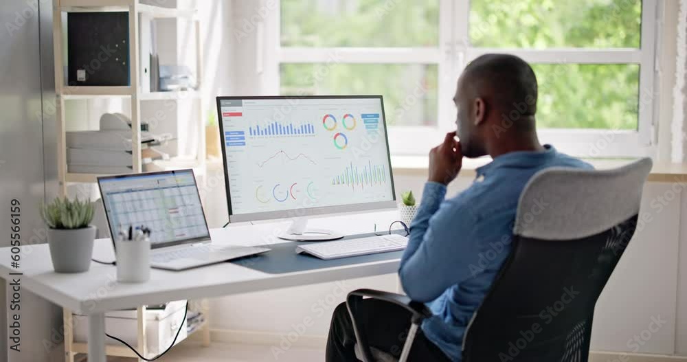 Poster african businessman using analytics data kpi dashboard