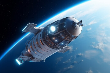 Fototapeta na wymiar Science, sci-fi, fantasy concept. Modern and futuristic spaceship flying over planet Earth. Generative AI
