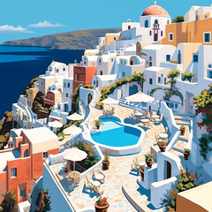Scene from Santorini Greece. Generative AI.
A digital illustration of a scene from Santorini, Greece.