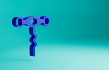 Blue Wine corkscrew icon isolated on blue background. Minimalism concept. 3D render illustration