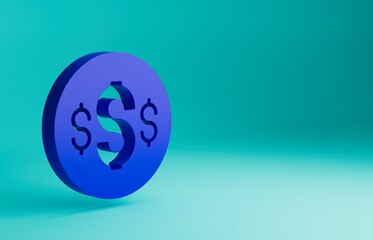 Blue Dollar symbol icon isolated on blue background. Cash and money, wealth, payment symbol. Casino gambling. Minimalism concept. 3D render illustration