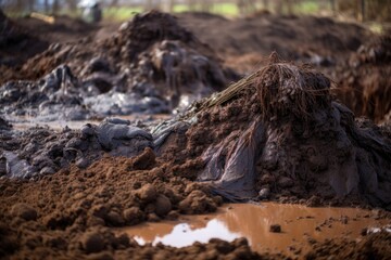 pile of soil and fertilizer runoff, mixing with water and creating toxic sludge, created with generative ai