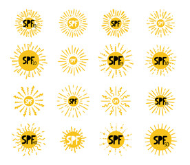 SPF sun set. Hand drawn doodle solar symbols, uv protection emblem labels, yellow sings with black letters and numbers, icons for sunscreen products and skin cosmetics vector isolated illustration