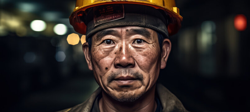 Asian Man With Face Dirty, Helmet On His Head, Dark Background To Emphasise Deep Mine - Natural Resource Miner, Concept Of Hard Working Conditions Mining Industry In China And Asia. Generative AI