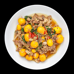 hot and spicy stir fried chicken ovary egg with chicken entrails and basil on simple clean white plate isolated on black background, square ratio, top view, Thai local street food