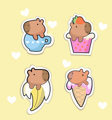 Cute kawaii hand drawn face capybara in anime style in a cup of tee, babana,an ice-cream, a strawberry cocktail