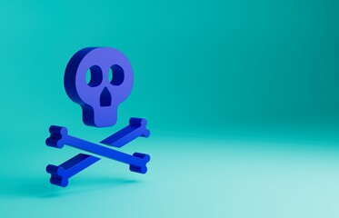 Blue Bones and skull as a sign of toxicity warning icon isolated on blue background. Minimalism concept. 3D render illustration