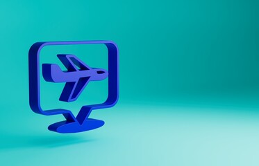 Blue Plane icon isolated on blue background. Flying airplane icon. Airliner sign. Minimalism concept. 3D render illustration