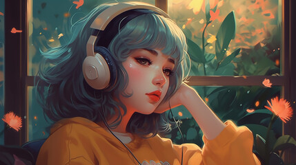 Lofi style. Beautiful girl with headhones and rainbow hair listening sad music on transparent background. Anime. Generative AI