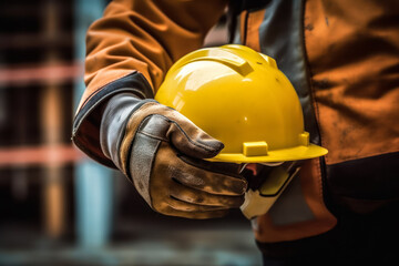 Construction worker or builder holding yellow hard hat, closeup detail to hand in protective gloves and helmet. Generative AI