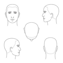 Isolated vector black and white male heads in different projections. Face and hair growth line