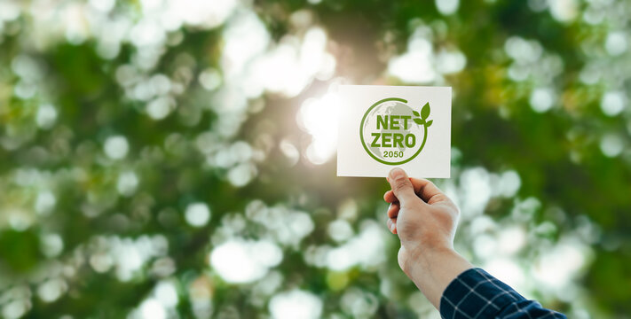 Net Zero And Carbon Neutral Concept Zero Net Greenhouse Gas Emissions Target Long-term, Climate-neutral Strategy Young Man Holding Paper Hand In Net Zero Figure