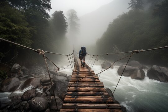 adventure traveller crossing rope bridge over raging river, with misty mountains in the background, created with generative ai