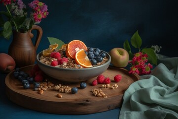 Fototapeta na wymiar A wooden plate with fruit, cereal, granola, and a flower arrangement on blue with green plant. Generative AI