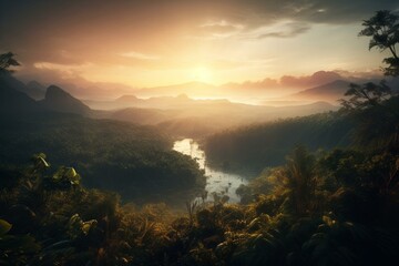 Fototapeta na wymiar Illustration of sunrise over Amazon rainforest with mountains, river, steam and greenery. Generative AI