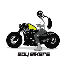 A man sit on big bike holding phone motorcycle rider male travel illustration. Rider sketch design. Suitable design for postcard, creative arts, t shirts design, logo.