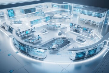 sweeping view of a futuristic hospital, with advanced medical equipment and personalized healthcare services, created with generative ai