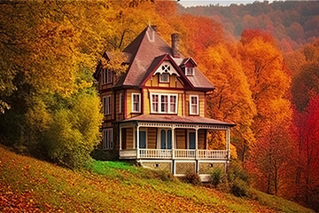 American House In Autumn Jungle, Generative Ai