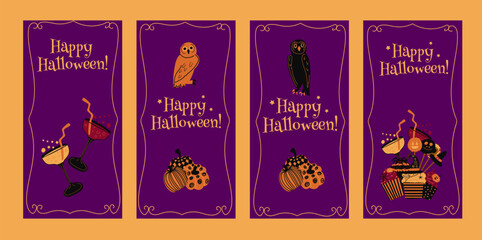 Happy Halloween. Vertical banners and wallpaper for social media stories. Set of 4 banners. Cute spooky design with fun elements. Vector illustration
