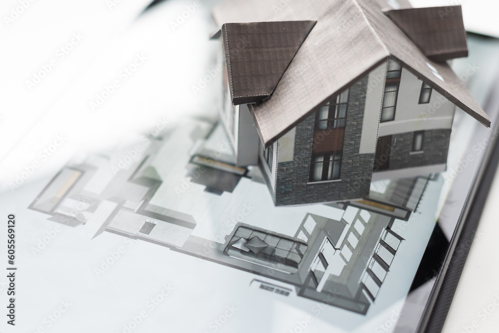 Poster small house model is on screen tablet and icons home electronics devices connecting with wireless. s