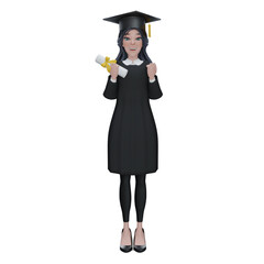 3d rendering. Educational theme.Beautiful woman graduating holding her diploma and smiling in an academic gown.