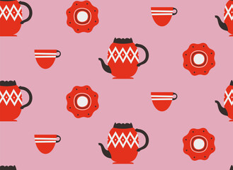 Seamless pattern with red tea set. Beautiful texture in flat style.