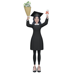  Educational theme.Beautiful woman graduating holding her diploma and smiling in an academic gown.