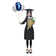 3d rendering. Graduate celebrating with balloon and certificate in her hand, feeling so proud and happiness in Commencement day,Education Success Concept