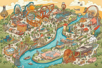 An illustration of a map of an amusement park, highlighting various attractions and themed areas, useful for understanding the layout and planning a fun-filled day.