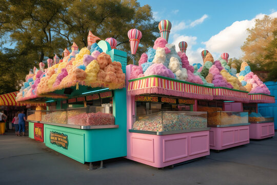  A photo of colorful popcorn stands and cotton candy stalls in an amusement park, emphasizing vibrant colors and playful designs, capturing the taste of fun at a theme park.