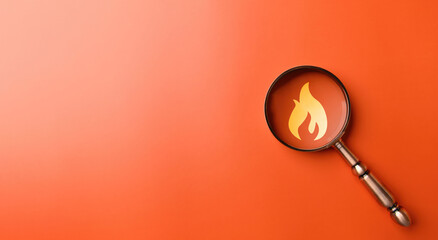 Fire surveillance inspection and fire fighting with magnifying glass on orange background. Fireman and conflagration concept. - obrazy, fototapety, plakaty