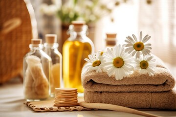 Fototapeta na wymiar An image of a spa setting with chamomile-infused water, towels, and bath products, capturing the soothing and rejuvenating properties associated with chamomile. Generative Ai