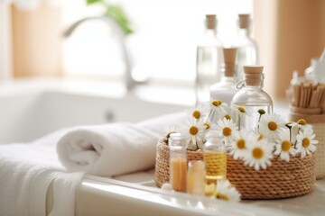 Obraz na płótnie Canvas An image of a spa setting with chamomile-infused water, towels, and bath products, capturing the soothing and rejuvenating properties associated with chamomile. Generative Ai
