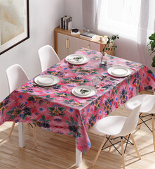 dining room with dining table with table cloth mockup and white chairs beside window. white wall with a painting. wooden floor with drawer sideboard cabinet 3d rendering.