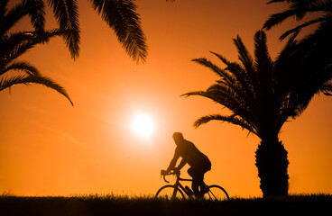 Fototapeta na wymiar male riding without hands. alone black Silhouette of man cycling along horizon line. one Silhouette palm trees on the hill. orange sun set sky at yellow sunset. sun rays. grass meadow. rent cross bike