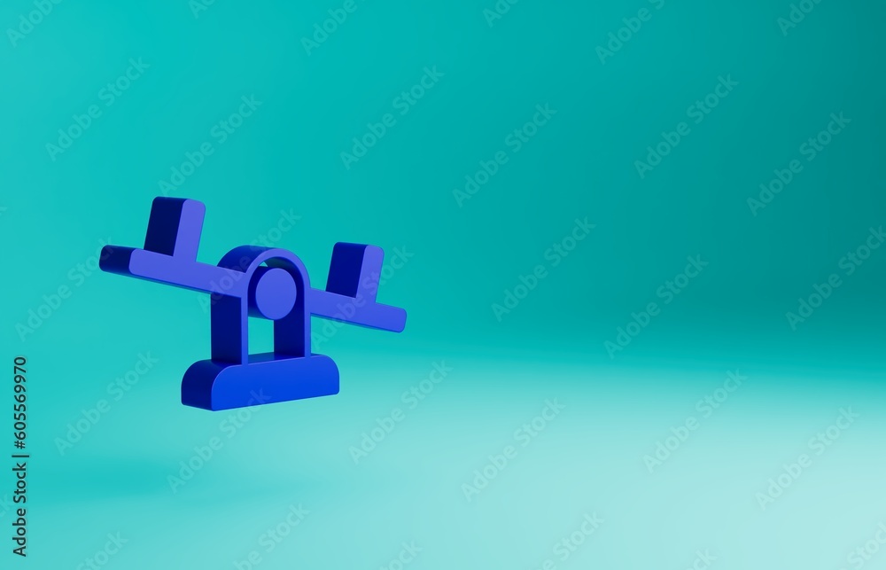 Poster Blue Seesaw icon isolated on blue background. Teeter equal board. Playground symbol. Minimalism concept. 3D render illustration