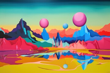 Fototapeta premium abstract landscape with surreal floating objects and vibrant colors, created with generative ai