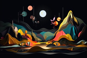 abstract and surreal landscape, with floating shapes and colors, against black background, created with generative ai