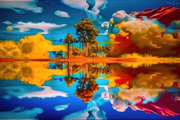 abstract and surreal landscape with upside-down sky, crazy colors, and unusual shapes, created with generative ai
