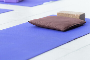 mat, pillow and yoga block
